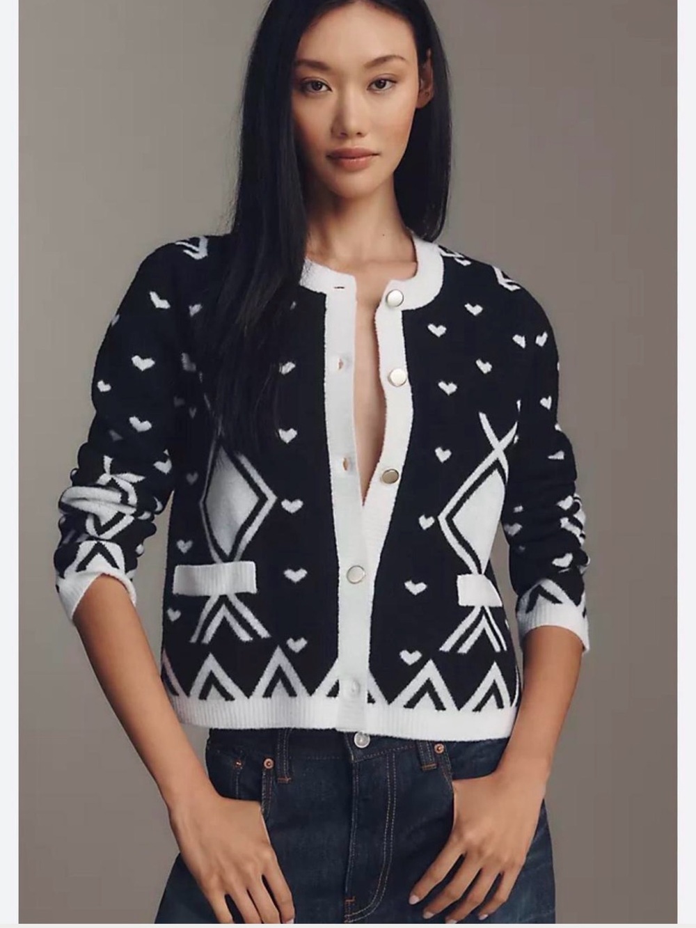NWT Anthropologie NVLT Knit Lady Black White Argyle Jacket Cardigan Sweater M